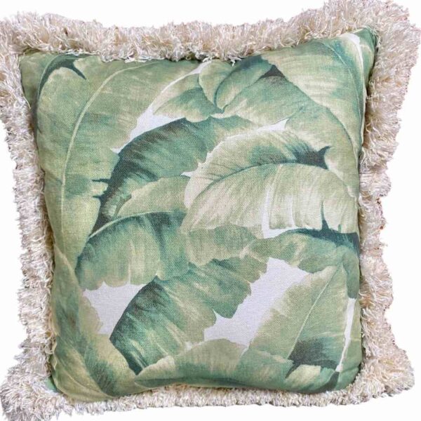 Palm Print Linen Cushion with Fringe