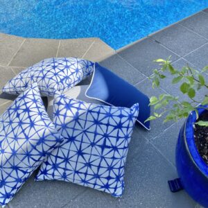 Outdoor Cushion Grey & White Ticking Piped Plain Blue Lumbar