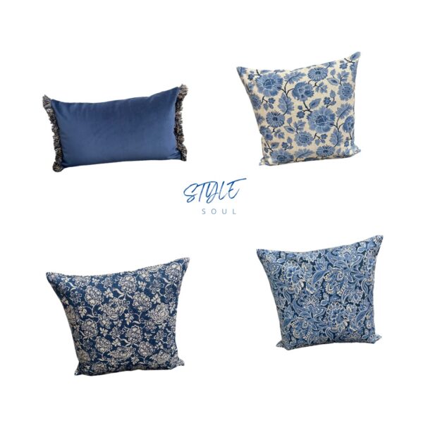 Traditional blue and cream cushion story - classic floral prints and velvets