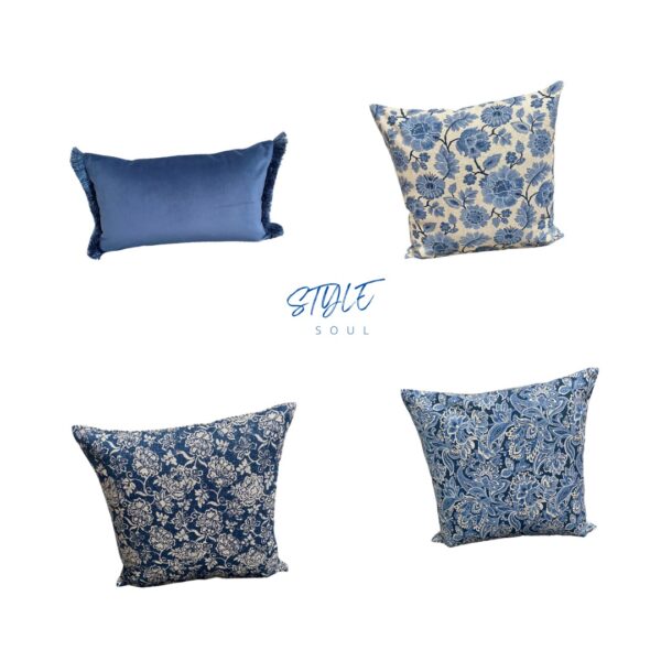 Sapphire Blue Velvet Cushion Embellished with French Fringe