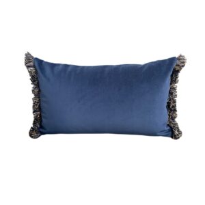 A sapphire blue velvet cushion with gold and blue fringe